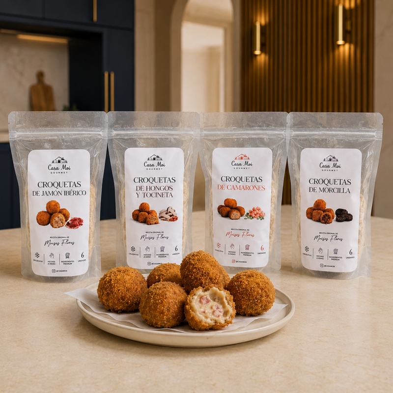 Los cuatro empaques de la Caja Degustación —jamón ibérico, hongos y tocineta, camarones y morcilla— junto a un plato de croquetas recién fritas, una partida por la mitad